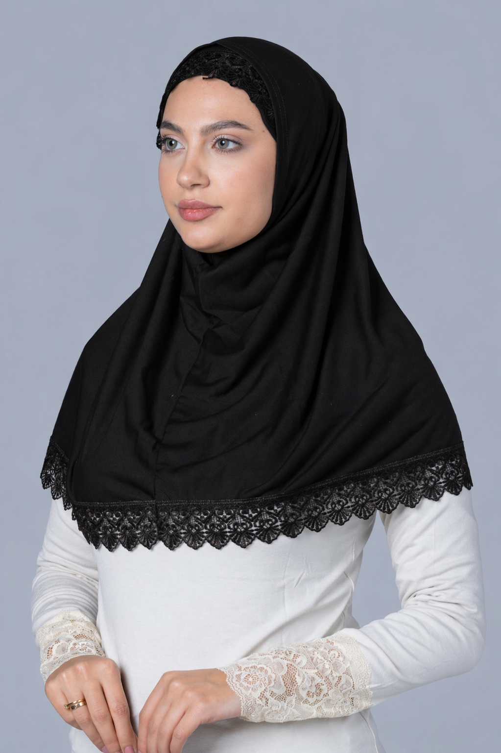 Large 2 pc Cotton Hijab with Lace Trim